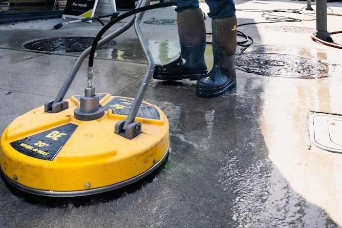 A pressure washer clean concrete in Naples, FL.
