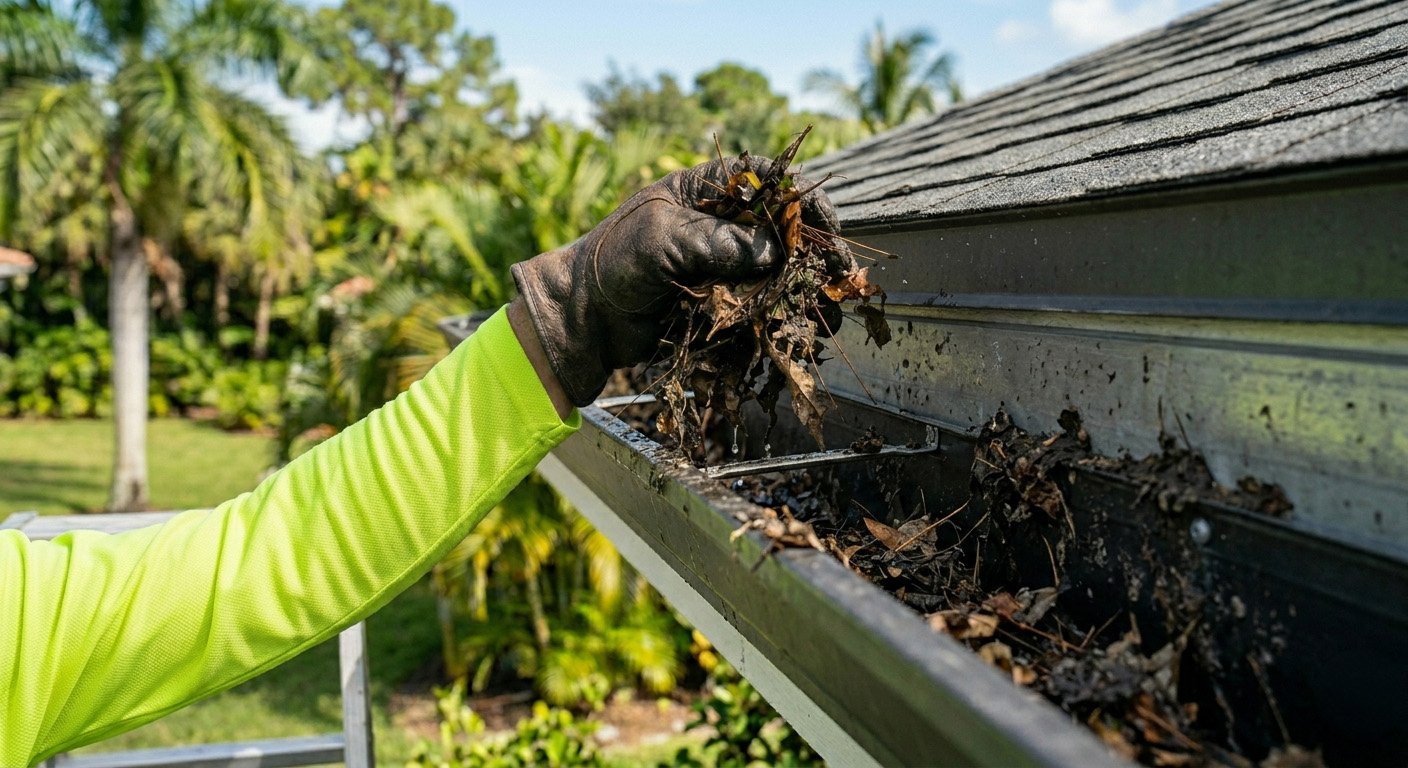 A persons arm cleaning leaves out of a gutter in North Naples.