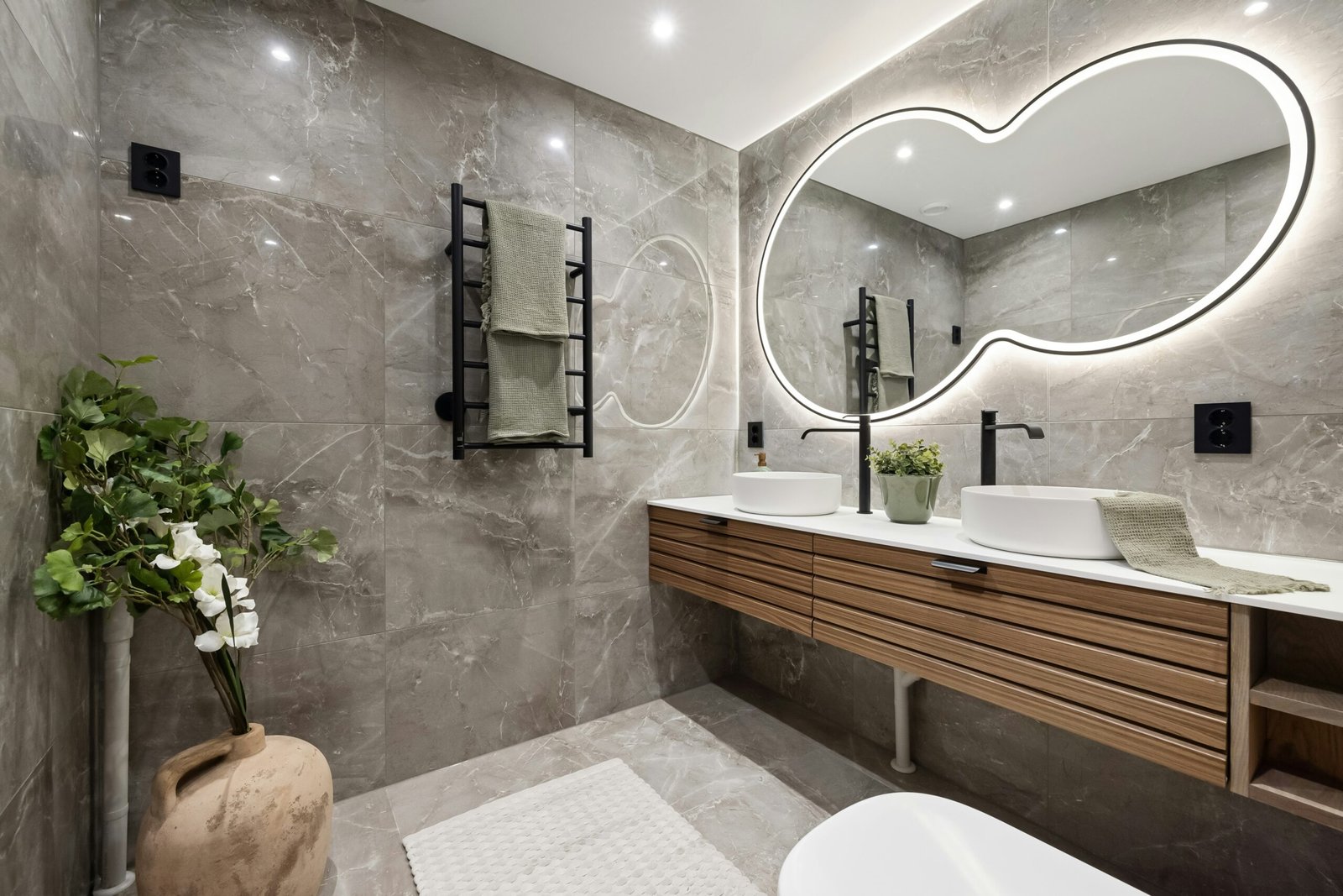 Modern bathroom with an abstract mirror, large tile walls, and brown vanity in Golden Gate Naples.