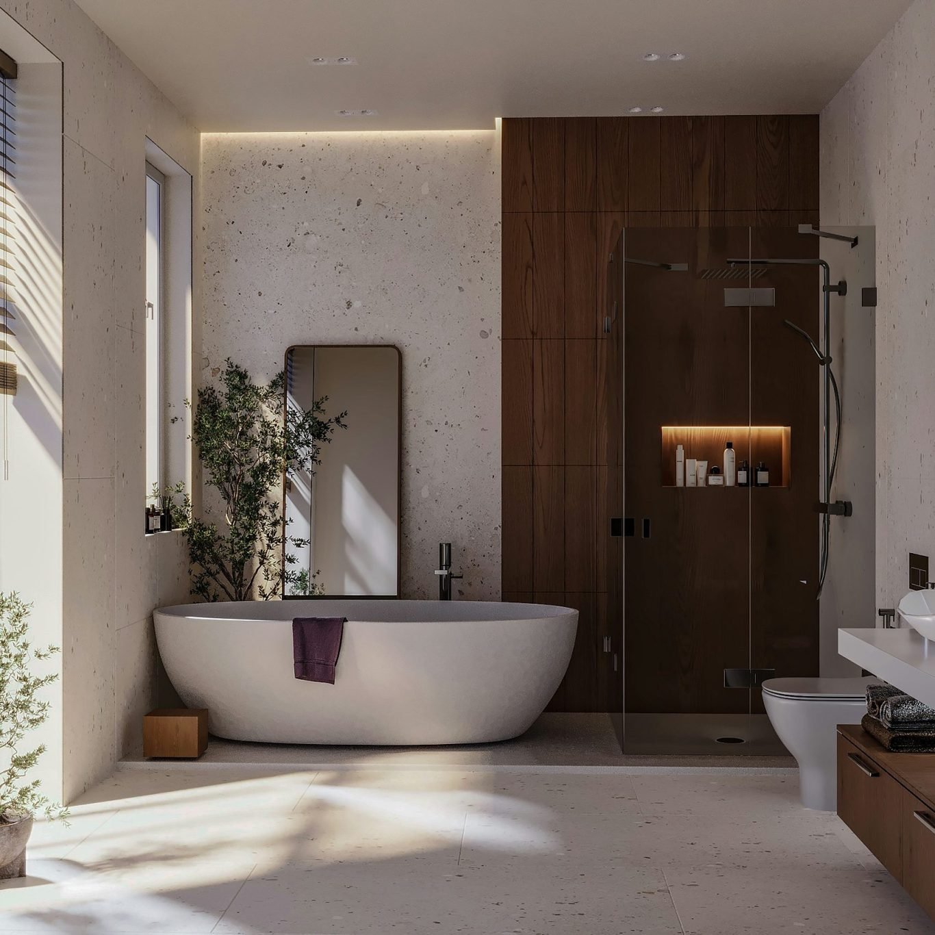 Modern bathroom featuring a freestanding tub, wooden accents, and a stylish shower in North Naples.