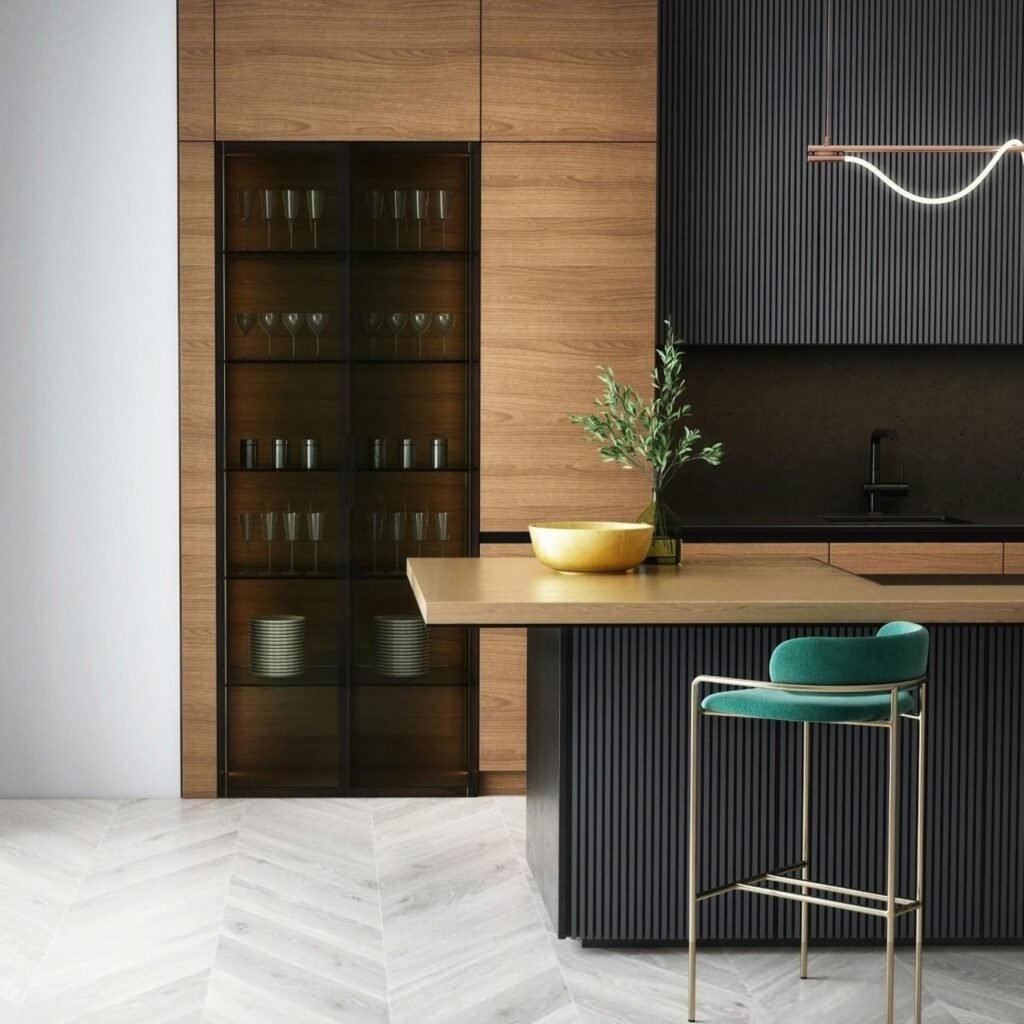 Modern kitchen with wooden accents, black cabinets, a glass-front display case, and custom tile floor in North Naples.