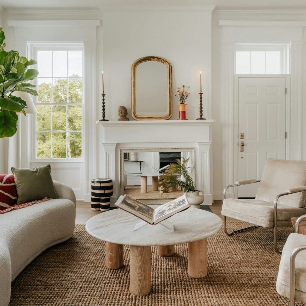 Cozy living room with elegant decor, a round coffee table, and natural light from windows. Located in Bonita Springs, FL.