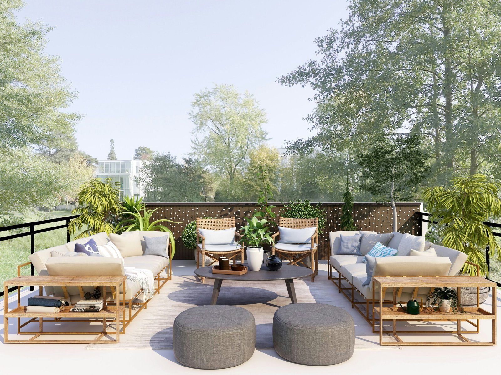 An outdoor patio setting with white cushioned seats and couches and trees behind in Naples.