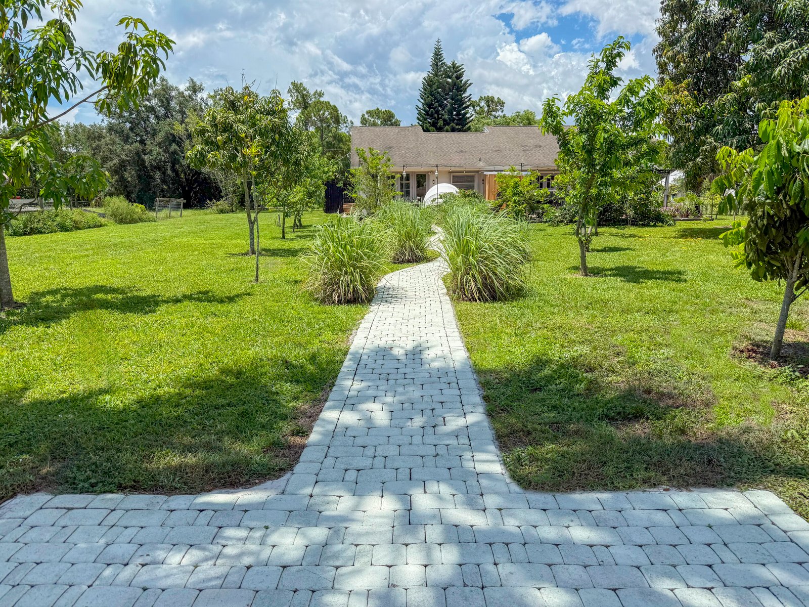 A grey paver pathway leading to a house lined with greenery and trees in Naples.