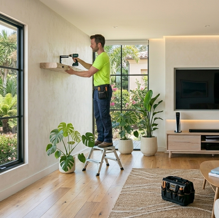A handyman installing a shelf in a living room in Estero.
